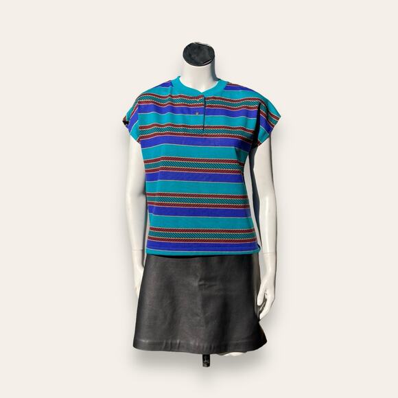 Henley Neck Blue and Green Striped Dolman Sleeve Blouse Medium / Large - Picture 5 of 7